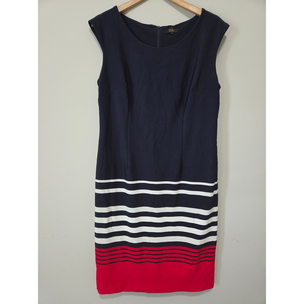 ILE New York Navy Blue Striped Colorblock Sheath Dress‎ Womens 12 Nautical Red